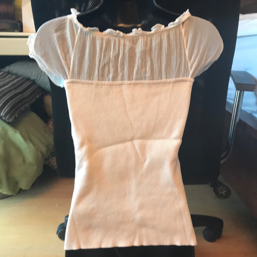 TRACY M Short Sheer Cap Sleeve Cream Knit Top Sz.M - Picture 4 of 8